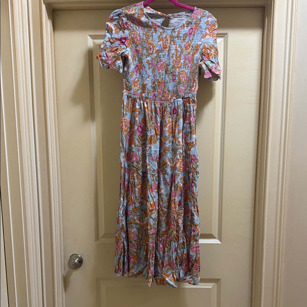 Floral Smocked Midi Dress in Pink & Tan